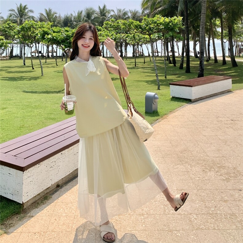 夏日小清新一整套穿搭女2025新款贵气感无袖上衣网纱半身裙两件套,女装套装/套裙,2C159