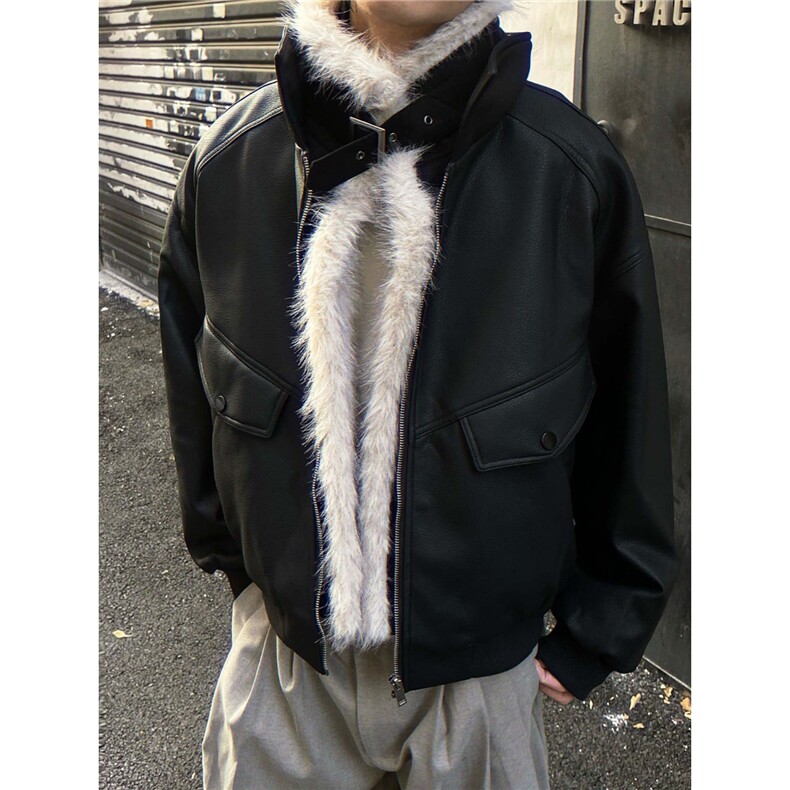 美式复古座山雕毛领品质感PU皮夹克男女秋冬街头宽松高级感棉衣,男装夹克,星座506A