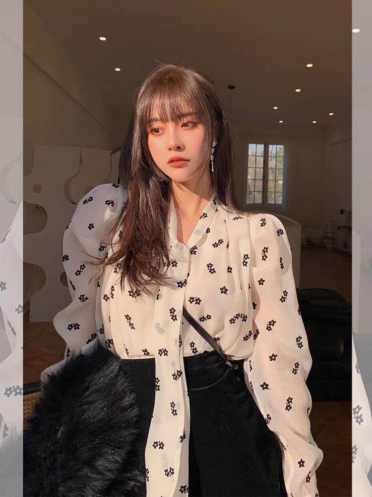 现货碎花领带甜美衬衫，女装衬衫，AT(2F)