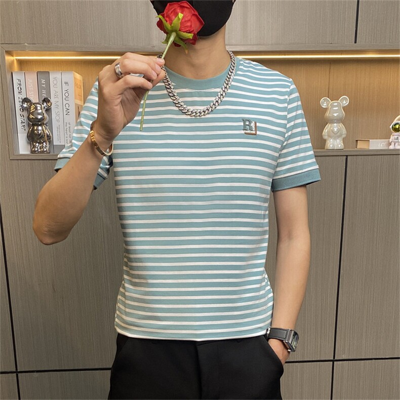 TX158-P35夏季男圆领短袖社会小伙潮流紧身体桖精神修身条纹t恤图片