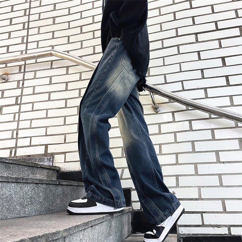 美式复古拼接男春秋水洗做旧宽松阔腿直筒潮牌裤A068-KXSK94-TP60,男装休闲裤,电商A068