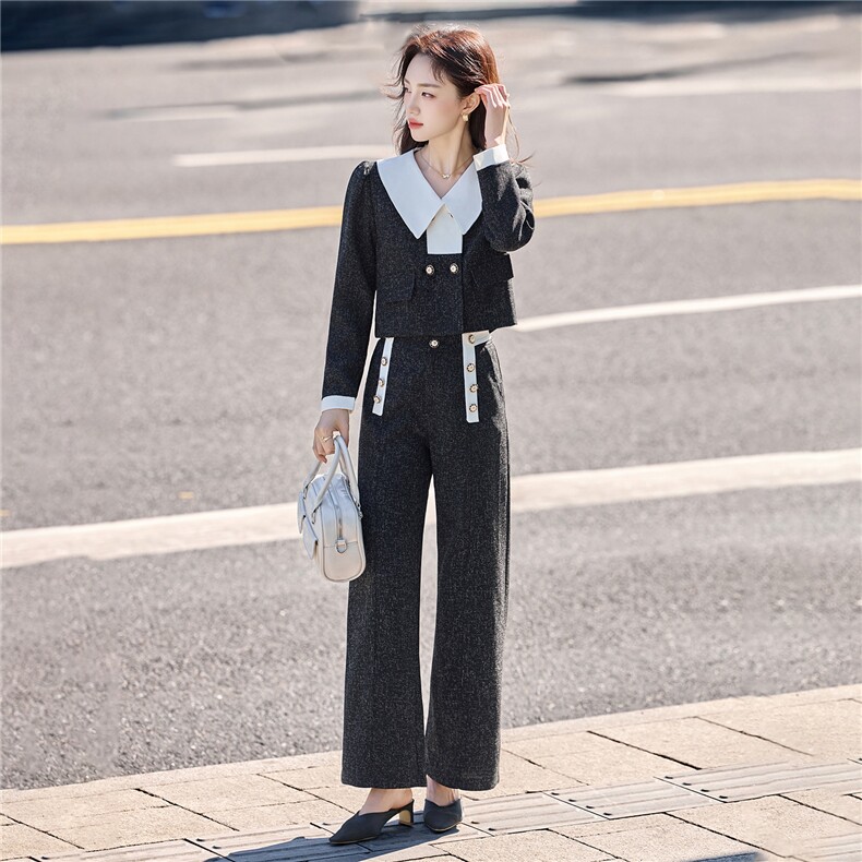 现货法式小香风翻领套装女2025年春秋新款气质减龄阔腿裤两件套,女装套装/套裙,伊仟回