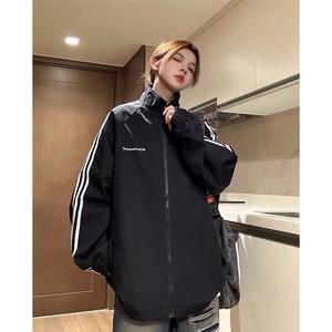 美式三条杠立领夹克男女春秋季潮牌高街休闲条纹外套JKA10-P60图片