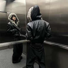 2025冬季潮毛领连帽仿兔毛座山雕皮棉服cleanfit短宽棉衣派克服，男装棉衣，星座506A