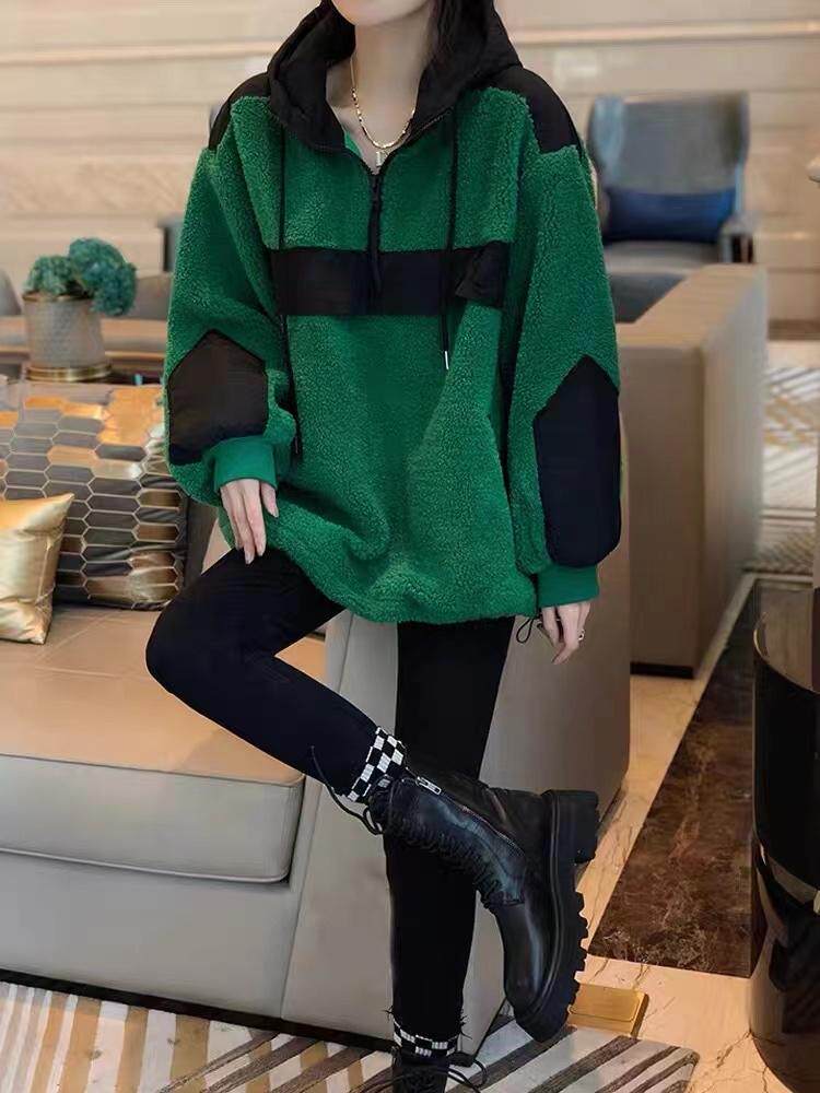 颗粒绒撞色加绒卫衣，女装卫衣/绒衫，一杭