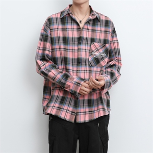 港风大码日子复古贴袋刺绣翻领格子长袖衬衫XZ213-CS8809-P55控68图片