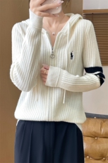 秋冬季羊毛袖口横条纹简约运动连帽羊毛衫，女装羊毛衫，佑昭祥羊绒