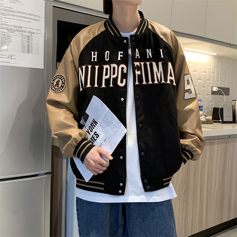 pu皮拼接棒球服男2023秋季潮牌字母夹克美复古休闲外套W3127-P51图片