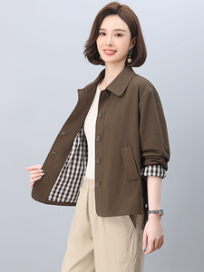 中年妈妈纯棉风衣外套女短款2025春秋新款小个子宽松大码夹克上衣图片