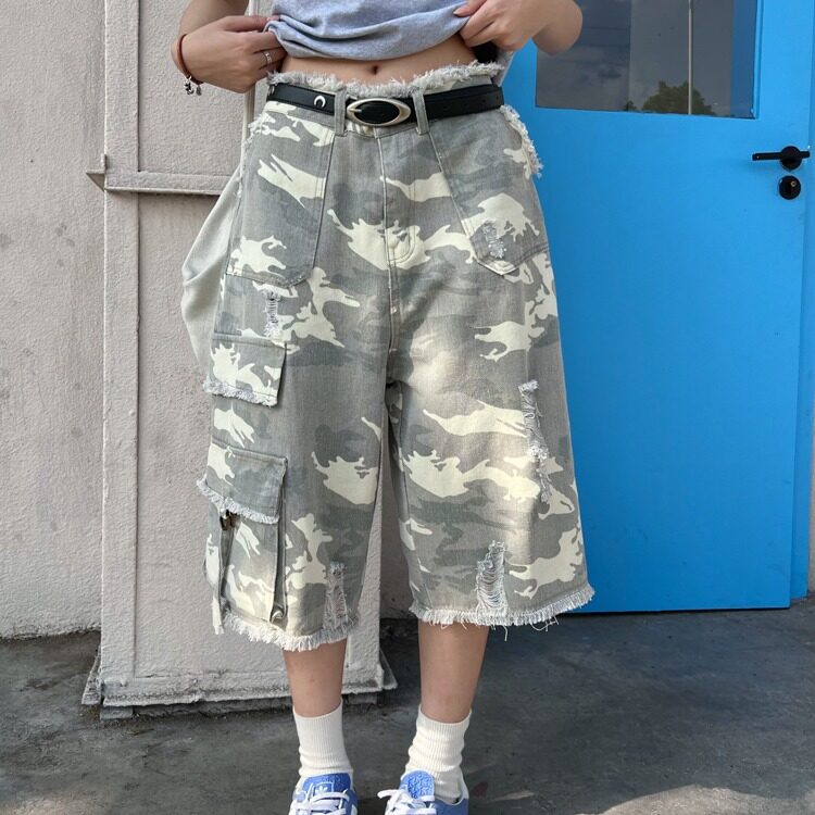 迷彩石磨毛边七分裤美式破洞工装裤阔腿短裤痞帅潮,男装牛仔裤,星座410-7