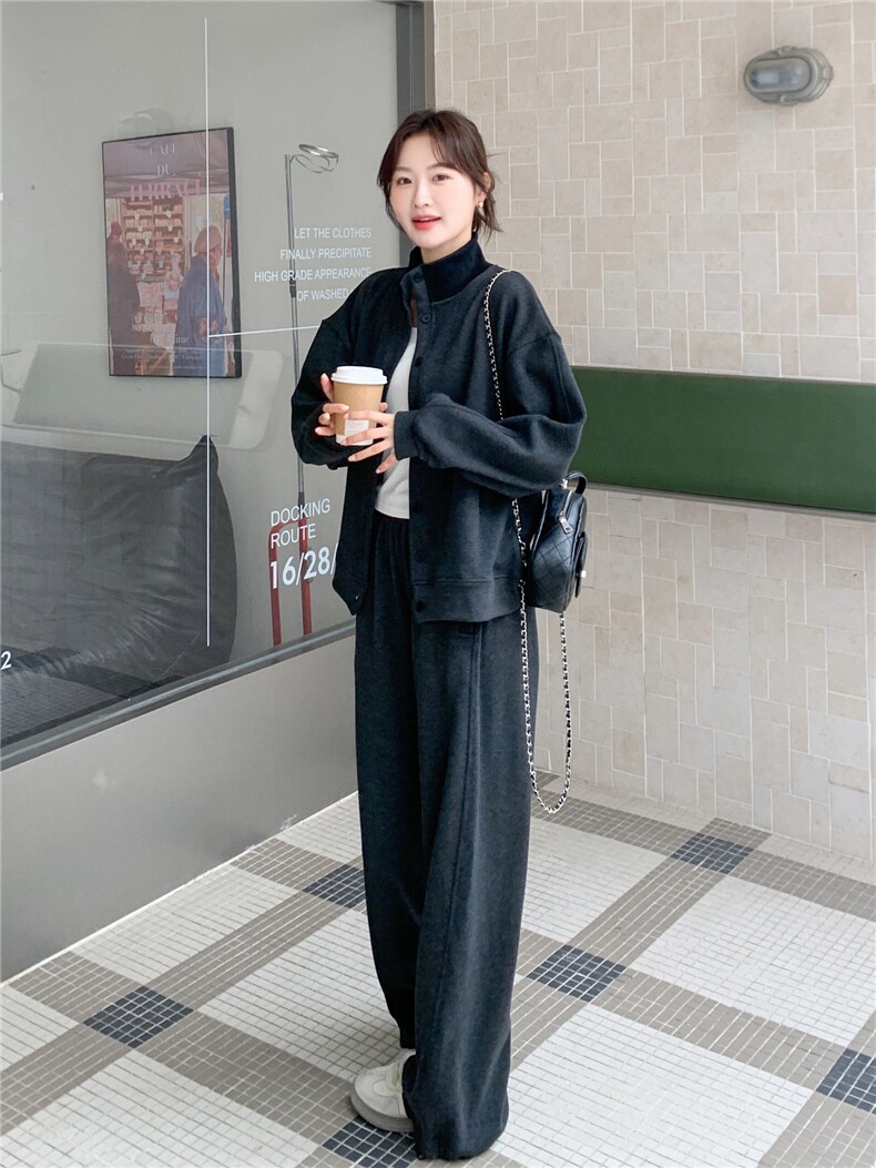 灰色松弛感加绒加厚立领卫衣两件套女2025冬季新款学院风显瘦卫裤,女装套装/套裙,艾米莉亚