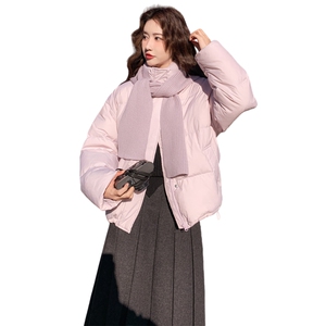 围巾短款羽绒服女2025新款冬季韩系超好看面包服白鸭绒外套图片