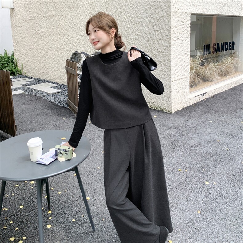 轻熟风韩系灰色背心套装女秋季2025新款气质显瘦阔腿裤打底三件套,女装套装/套裙,2C203