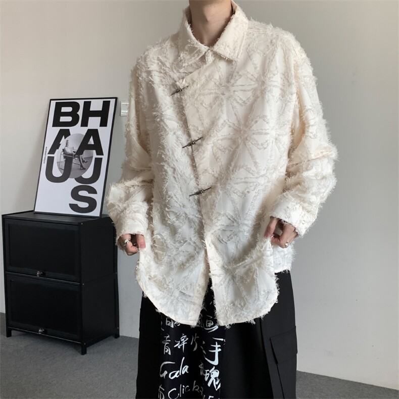 2025秋装新中式潮流小众流苏毛边设计感衬衫男宽松长袖衬衣大码,男装衬衫,星座909