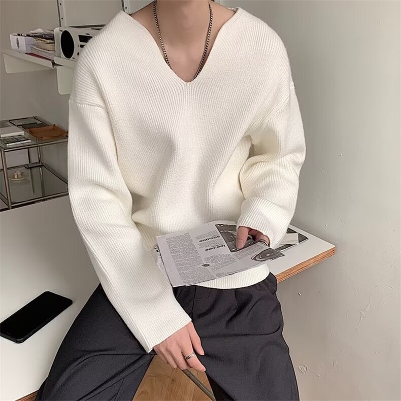 M212-P47法式大v领针织衫高级感宽松长袖卫衣男模穿搭艺术生,男装针织衫/毛衣,电商B323A
