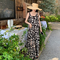 大码法式碎花背带裤女2024胖mm夏季浪漫海边度假垂附感阔腿连体裤，女装连体裤，浙宝276（原081）