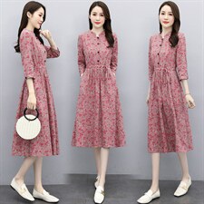 2021春装新款印花棉麻连衣裙修身时尚舒适连衣裙，女装连衣裙，欣贝拉