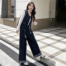 复古牛仔套装女2025秋季新款短袖马甲上衣阔腿长裤套装，女装套装/套裙，瑶迪依秀
