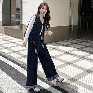 复古牛仔套装女2025秋季新款短袖马甲上衣阔腿长裤套装图片