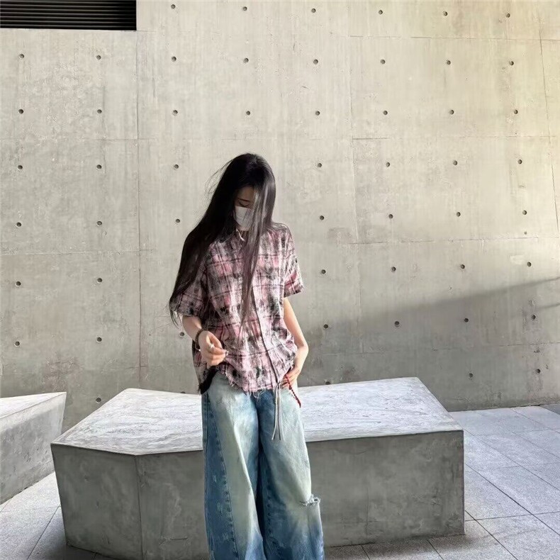 港风复古格子短袖衬衫男女同款宽松痞帅衬衣-网图,男装T恤,星座410-7