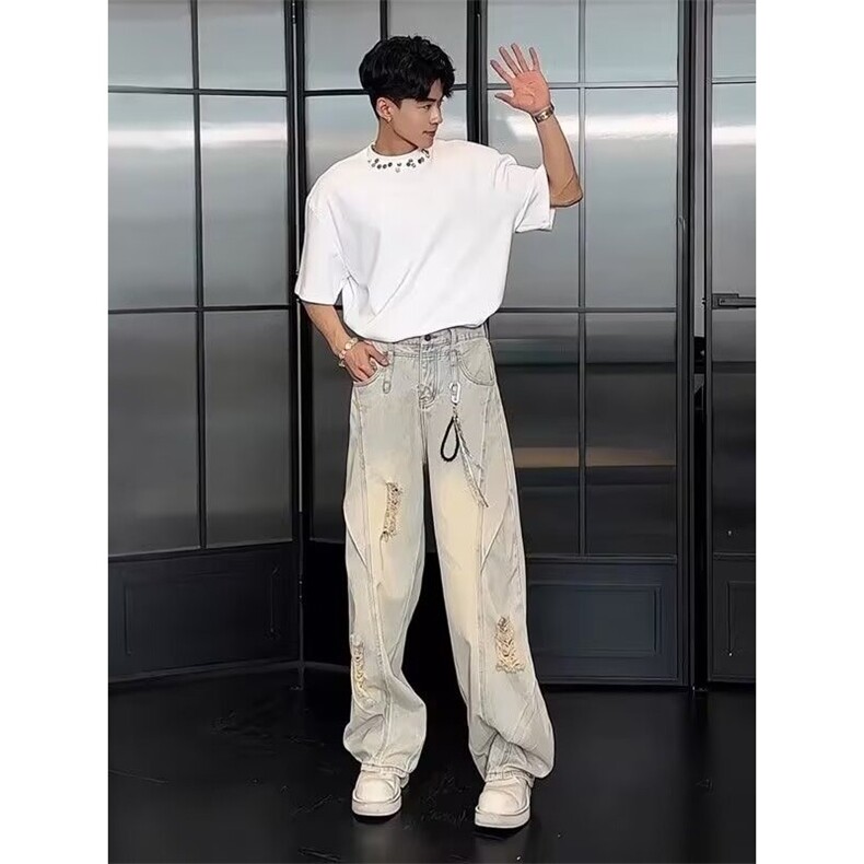 美式设计款水洗破洞牛仔裤男高街休闲弯刀长裤1008-L91488-P53,男装牛仔裤,星座1008