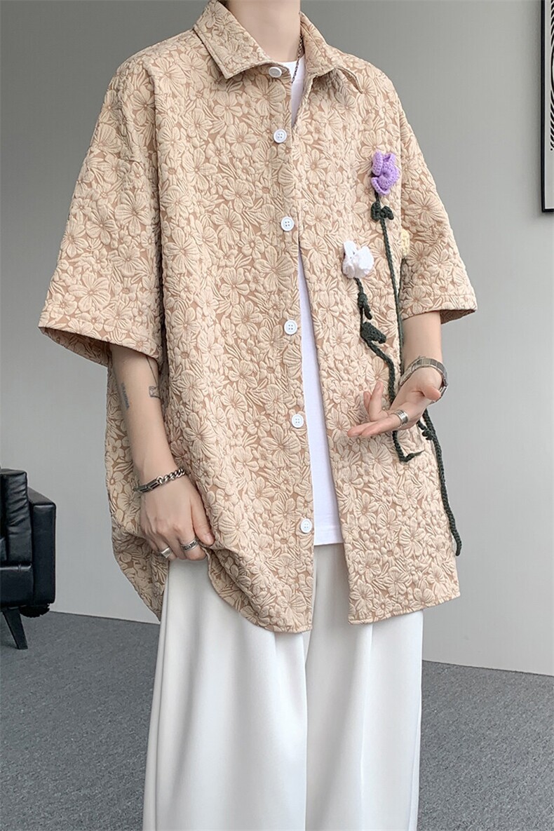 夏季法式小众肌理感衬衫短袖原创立体花朵衬衣多巴胺外套男CS531,男装衬衫,电商D206-1