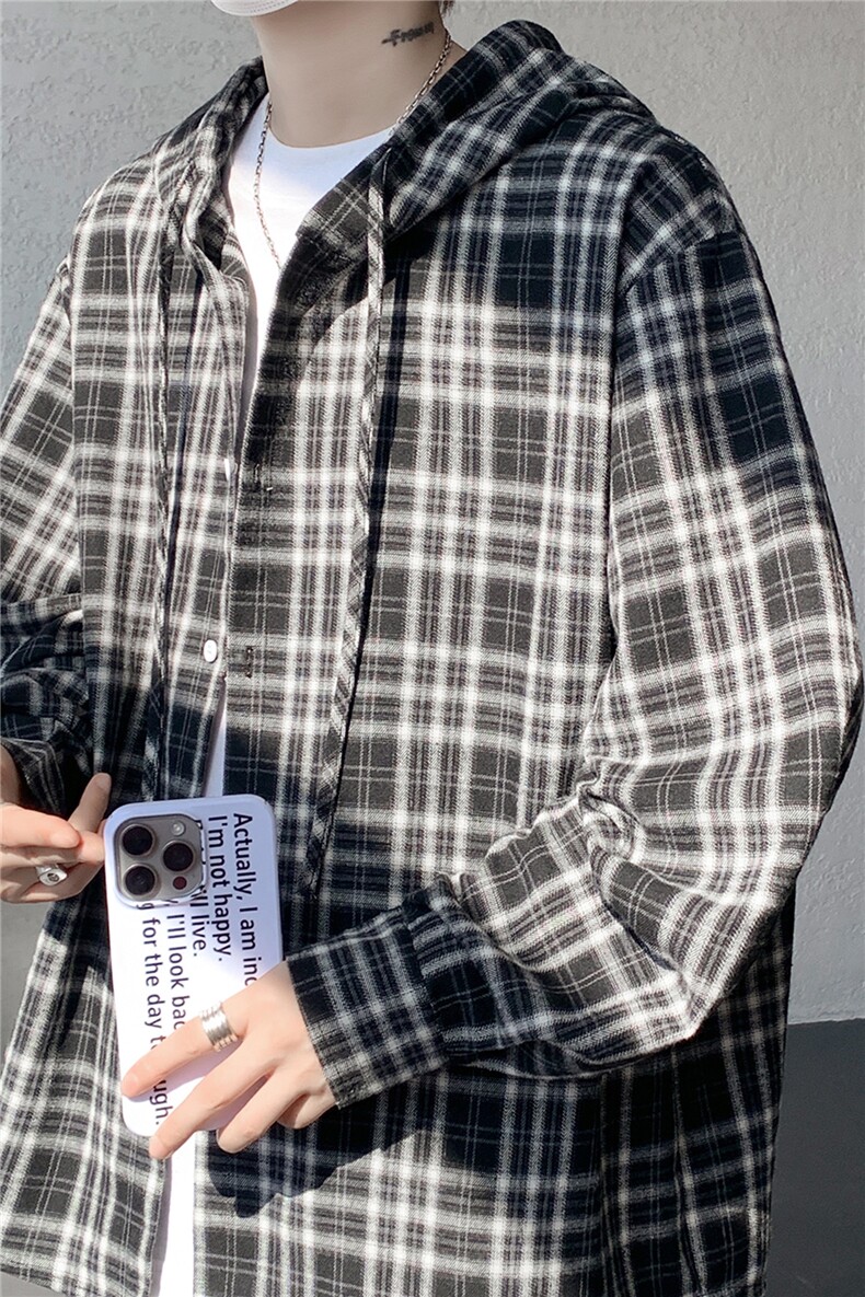 连帽格子衬衫男春季宽松大码慵懒风复古潮牌格纹休闲外套CS29011,男装衬衫,电商B312