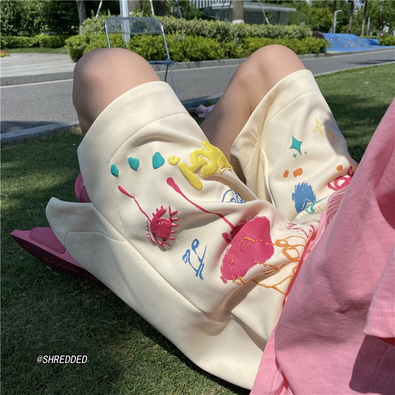 港风夏季新款彩绘发泡印花短裤宽松五分裤B315-K23325-p45控58图片