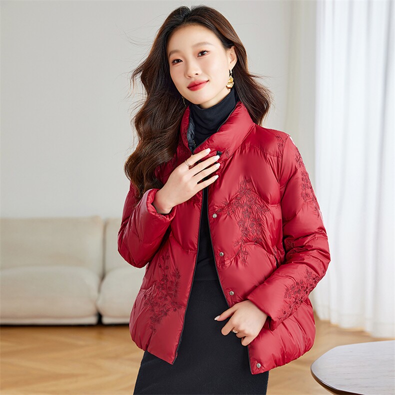 新中式刺绣羽绒服女款2024新款女士冬季短款轻薄立领白鸭绒外套女,女装羽绒服,浙宝281