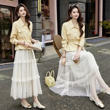 现货2026年春季新款女时尚潮流优雅风小外套皮衣蕾丝半身裙两件套图片