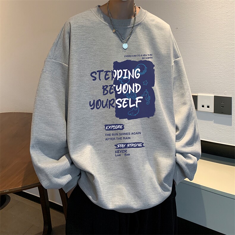 华夫格卫衣圆领卫衣男大码长袖t恤男外套HW76345-P30加绒款-P40,男装卫衣,电商A040