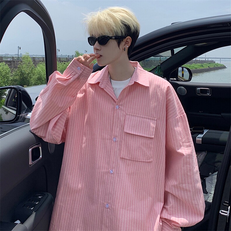 衬衫男秋季新款港风宽松大码立体口袋纯棉条纹长袖衬衣CS3099-P42，男装衬衫，星座214-3