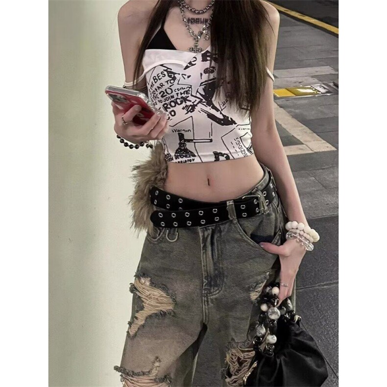 新款美式复古夏季辣妹个性痞帅酷破洞牛仔裤直筒宽松拖地裤,男装牛仔裤,星座506A