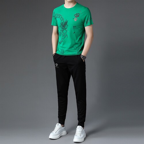 BJ9226夏季男式短袖长裤透气两件套运动休闲圆领修身t恤套装P143，男装休闲套装，电商B360