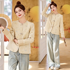 2025年开春季新款蓝色印花高端春秋小个子新中式国风短款小外套女，女装短外套，橙子家