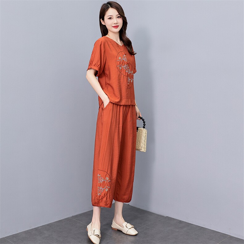 民族风复古天丝麻套装女2024夏季新款时尚宽松显瘦哈伦裤两件套薄,女装套装/套裙,魅影