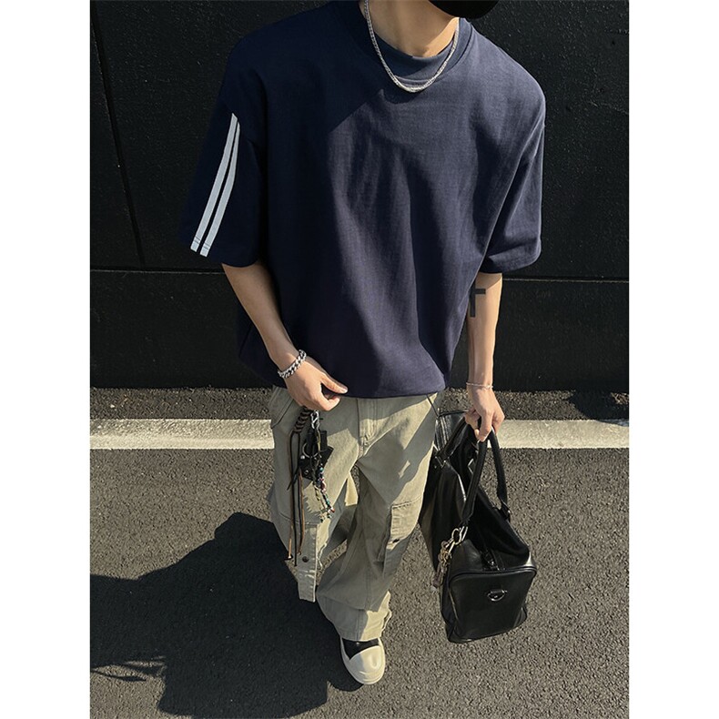 高品质二开240克宽松纯棉美式高街痞帅两杠织带短袖T恤特19.5,男装T恤,电商A486-1