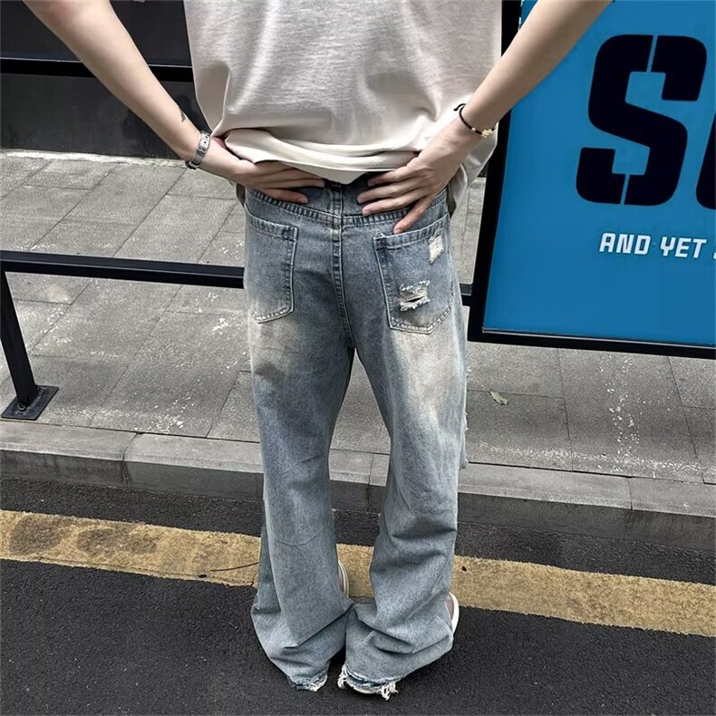 水洗破洞牛仔裤男潮牌宽松直筒微喇休闲裤子潮4125P45,男装牛仔裤,星座410-2
