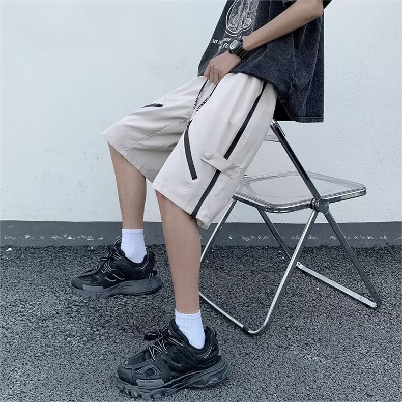 拉链冲锋短裤男夏季薄款美式高街机车潮流设计感宽松休闲五分裤子,男装休闲裤,四季星座218-1