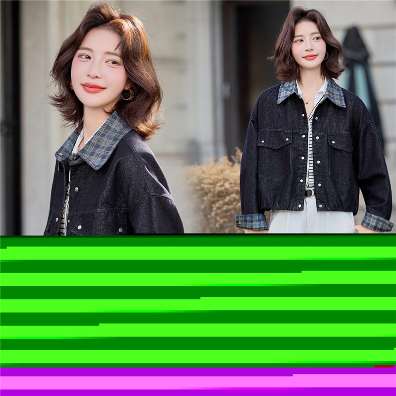 2025秋装新款格纹翻领拼接牛仔外套,女装短外套,依路服饰