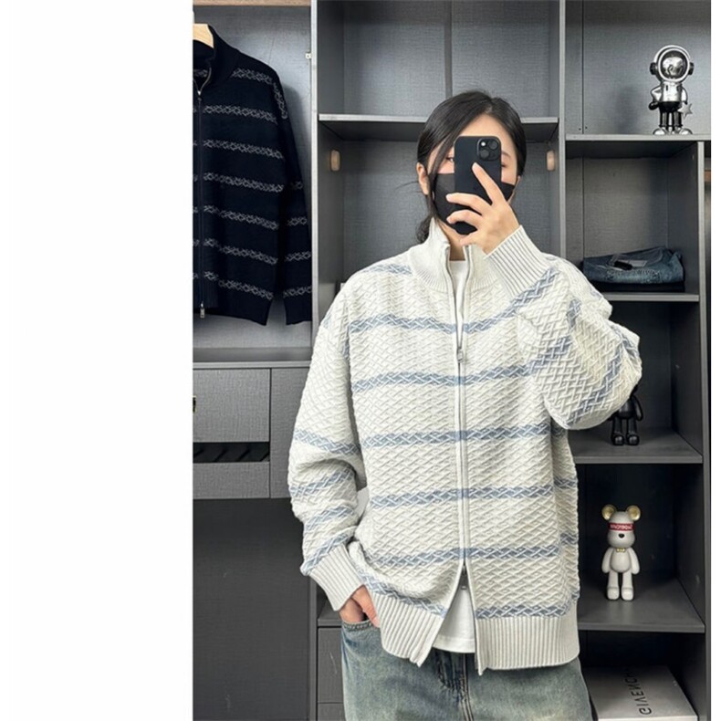 原版现货25852-特P70格纹情侣装宽松针织衫开衫立领毛衣外套男,男装针织衫/毛衣,电商D310B