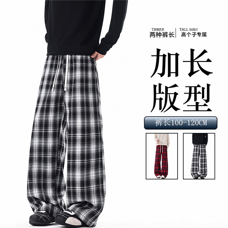 190加长裤子男高个子格子裤复古宽松慵懒风直筒阔腿休闲长裤KZ100图片