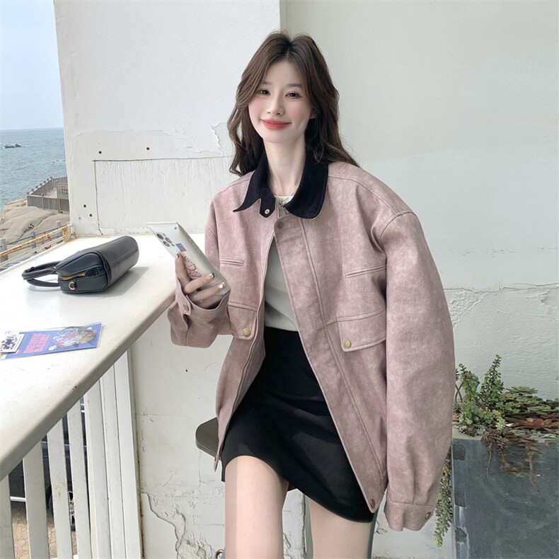 巴恩风工装粉色短款外套女春秋超火好看小众高级又酷又飒夹克上衣,女装短外套,2C198