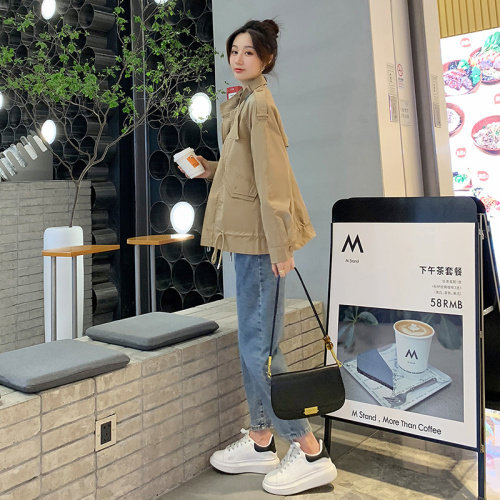 卡其色oversize美式外套女2024秋新款炸街时尚宽松休闲小个子夹克,女装短外套,梦懿尔