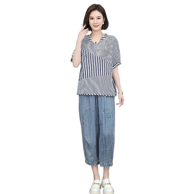 时尚条纹短袖上衣+牛仔阔腿裤套装显瘦百搭休闲两件套,女装套装/套裙,叶笙衣