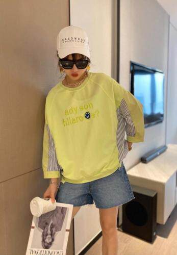 【现货】夏季新款针织衬衫拼接刺绣字母笑脸潮款圆领卫衣，女装衬衫，微迪菲