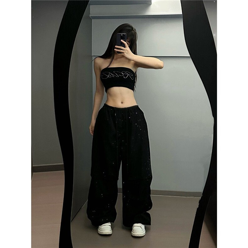 碎闪繁星潮酷暗黑系工装阔腿裤慵懒随性显瘦个性工装裤,女装休闲裤,星座1210-1