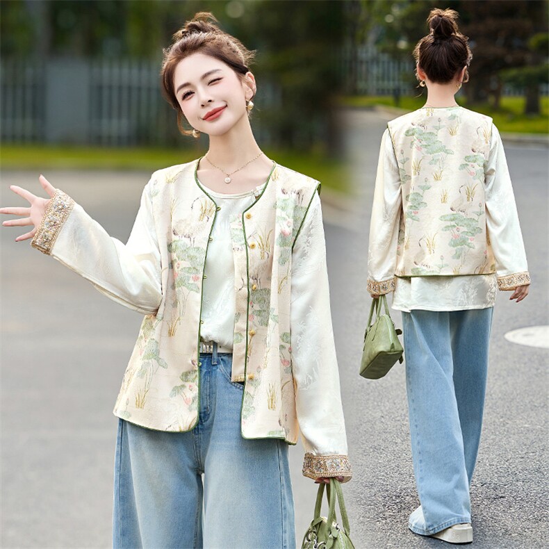 2025春季新款新中式g风提花短外套女高级感复古盘扣上衣外套,女装马甲,韩美纤衣