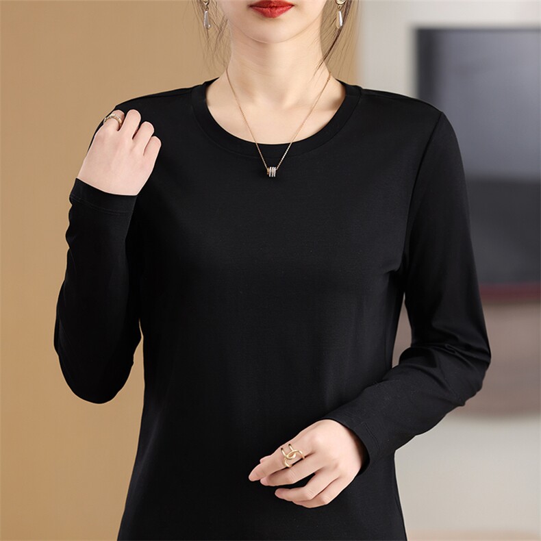 春秋丝光棉长袖T恤女内搭外穿打底高支高密柔滑亲肤宽松垂感上衣，女装T恤，元素羊绒