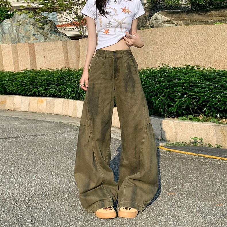 潮牌设计感褶皱涂鸦绿牛仔女街头美式小众宽松做旧裤子AM9020P78,男装休闲裤,星座1013-5